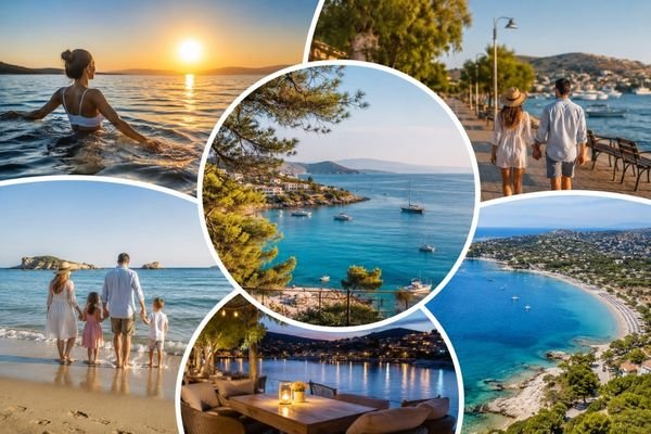 Κολάζ εικόνων από το Πόρτο Ράφτη με παραλίες, ηλιοβασίλεμα, οικογένεια στην ακτή, ζευγάρι στον παραλιακό πεζόδρομο και θέα του κόλπου από ψηλά.