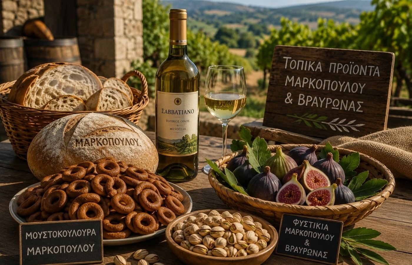 Τοπικά προϊόντα από Μαρκόπουλο και Βραυρώνα με μουστοκούλουρα, σύκα, φυστίκια και κρασί Σαββατιανό