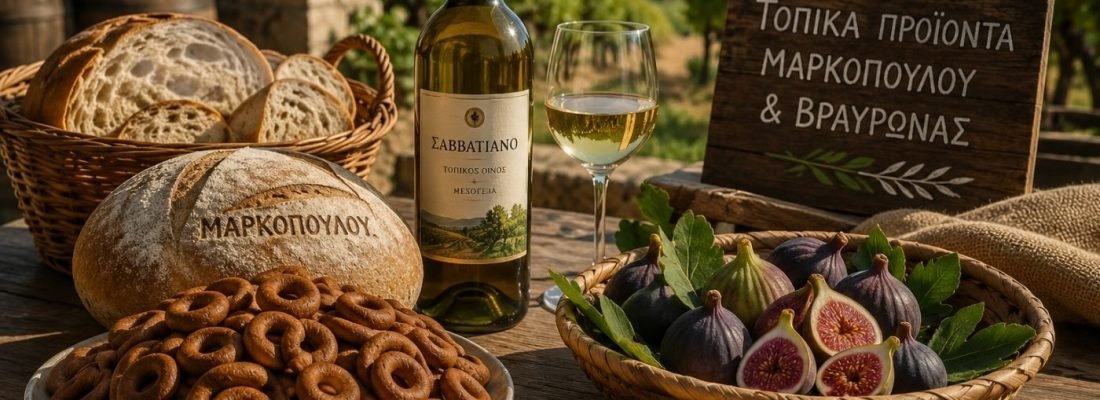 Τοπικά προϊόντα από Μαρκόπουλο και Βραυρώνα με μουστοκούλουρα, σύκα, φυστίκια και κρασί Σαββατιανό